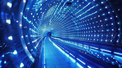 An immersive blue LED light tunnel, with dazzling lights and geometric patterns