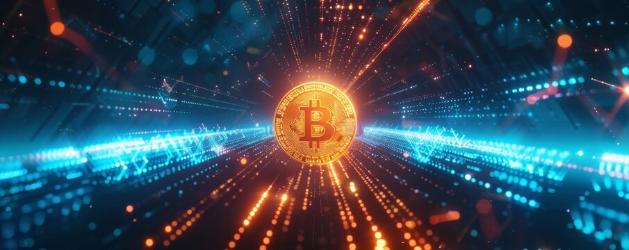 A futuristic digital background with glowing bitcoin coins floating in the center.