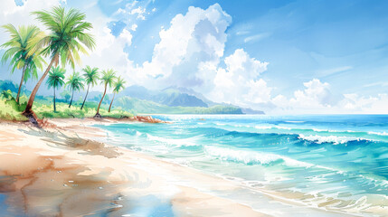 Refreshing oasis: watercolor palm trees on a tropical beach