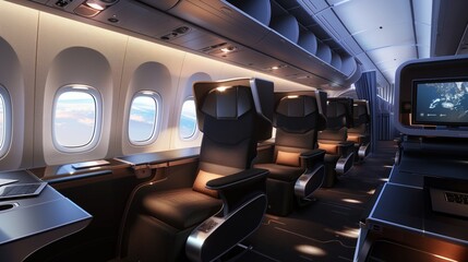 Naklejka premium Enjoy luxury in our Business Class with spacious seats, personal screens, and work desks.