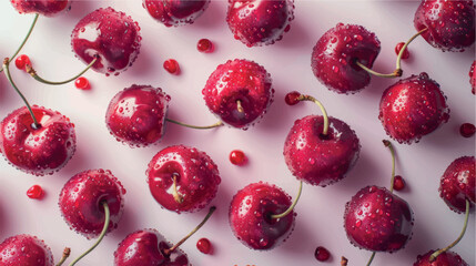 Juicy cherries. Red cherries on a white background for banner, cover, label. Ripe cherry. Cherry juice, jam, dessert. Berry background. Fruit background.