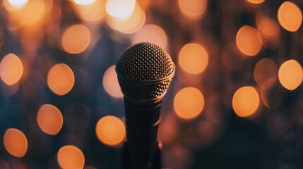 Close-up of a microphone with a bokeh background, capturing the ambiance of a business seminar