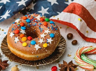 Donuts with wrinkles with the colors of United States Flag. Dessert to Celebrate Independence Day, 4th of July. American Independence Day concept.