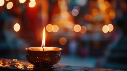 close-up of a single lit candle, with the soft bokeh of temple lights in the background on Magha Bucha Day
