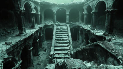 A haunting image of an abandoned, dilapidated building with a grand staircase and multiple archways. The structure is in ruins, with debris scattered around and an eerie greenish tint.
