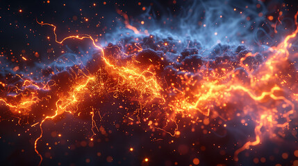 Abstract digital art depicting a dynamic and vibrant energy flow with bright orange and blue electric currents and sparks against a dark background.