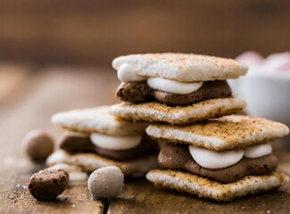 Homemade smores on wooden table. Traditional American food for Independence Day.