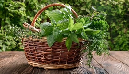 herbs in a basket, Fresh picked herbs and spices cascade from a rustic woven basket