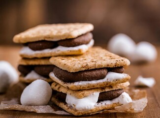 Homemade smores on wooden table. Traditional American food for Independence Day.