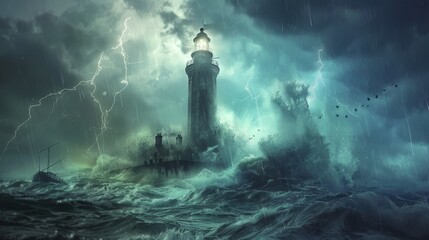 Close-up of a lighthouse during a fierce storm, boat struggling towards it through high waves, stormy sky with lightning enhancing the scene