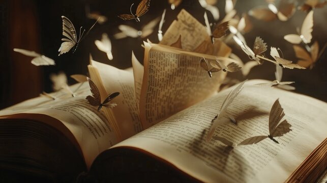 Close-up of pages fluttering out of a book, symbolizing the power of words and imagination