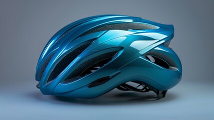 Fototapeta premium Close-up of a blue bicycle helmet, sleek design, sharp focus, isolated background, studio lighting, side view