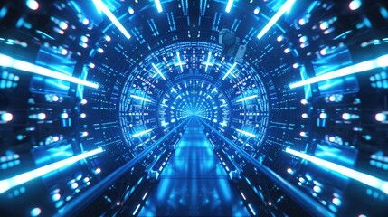 dazzling blue LED light tunnel, featuring bright lines and intricate designs for a high-tech look