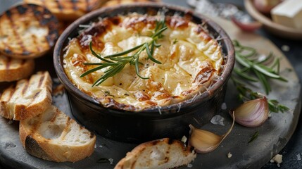 Baked camembert cheese, rich and gooey, served with slices of toasted baguette and grilled toasts, isolated background, studio lighting