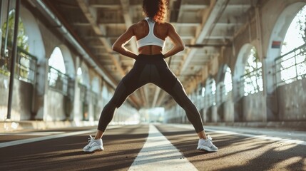 Backwards fitness woman in trendy sportswear and leggings, capturing the essence of strength and determination, natural lighting