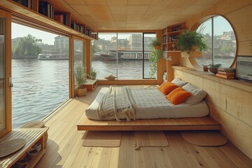 Fototapeta premium Houseboat Retreat A houseboat converted into a floating retreat, providing a unique and tranquil accommodation experience