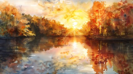 Peaceful sunset over a serene lake, with reflections of trees, in watercolor