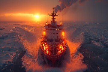 Fototapeta premium Icebreaker Ship in Arctic Waters An icebreaker ship forging through icy Arctic waters, demonstrating its capability to navigate through frozen expanses