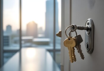 A set of house keys hanging on a door handle in an office setting, with a blurred background of a window and cityscape