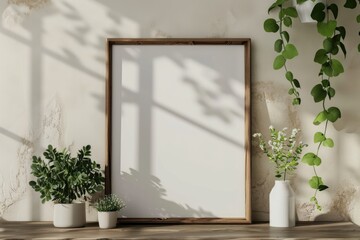 Close-up layout of poster frame in empty interior, 3d visualization, Grapevine background.