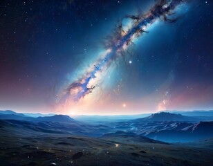 This artwork features a breathtaking view of a galaxy's cosmic dust with a panoramic alien landscape and bright celestial objects.. AI Generation