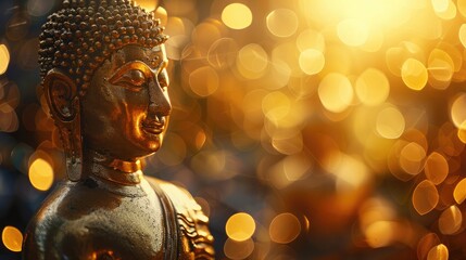 Golden Buddha statue with a glowing bokeh background, symbolizing peace and wisdom on Asalha Bucha Day