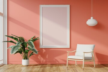 Close-up layout of poster frame in empty interior, 3d visualization, Peach background