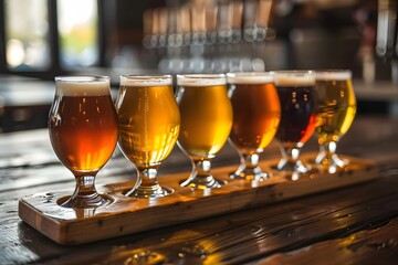 Craft Beer Flight on Wooden Board in Rustic Brewery Setting Perfect for Bar Decor or Restaurant Menus