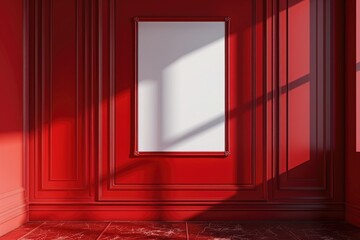 Close-up layout of poster frame in empty interior, 3d visualization, Ruby background