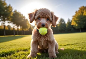 A young poodle puppy with a tennis ball in its mouth, sitting on a grassy field with a blurred background of trees and a sunny sky