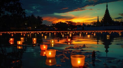 Lit candles reflecting in a temple pond, with the temple's silhouette in the background during Asalha Bucha Day