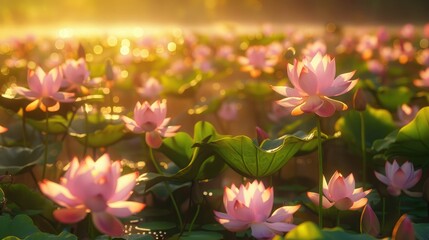 Lotus flowers in full bloom, softly lit by the evening sun, symbolizing spiritual purity on Magha Bucha Day - Powered by Adobe