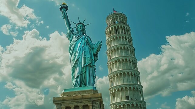 Artistic merge of the Statue of Liberty with the Leaning Tower of Pisa, highlighting iconic structures.