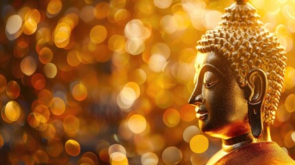 Majestic golden Buddha statue against a sparkling bokeh backdrop, celebrating spiritual devotion on...