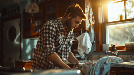 A skilled craftsman in a sunlit workshop intently works on a piece of clothing, illustrating craftsmanship and precision.