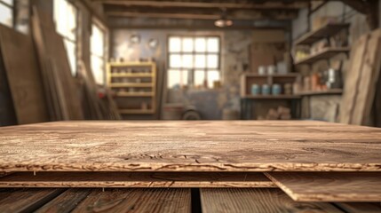 Fototapeta premium MDF particle board panels with a realistic wood texture, set against a workshop background