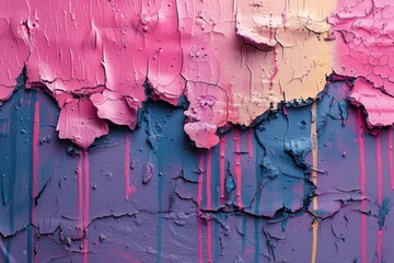 Pink, purple, yellow color drips, flows, streaks of paint and paint sprays