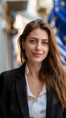Naklejka premium Portrait of a woman in Europe, EU laws for equal rights and social inclusion of women. Portrait of a female voter for the European elections to the European Parliament. Freedom and democracy