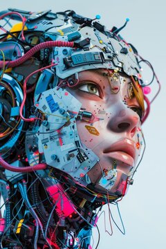3d Mujer robot en futuro distopico con injertos roboticos y microchips, Humanoide alterado cient&iacute;ficamente, H&iacute;brido humano-robot, Robot de videojuego con implantes nanotecnologicos 
