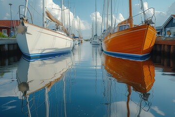 Sailboat Dockside Reflections Sailboats reflected in calm waters while docked, showcasing the...