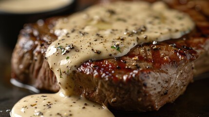 Close-up of a well cooked steak with a thin layer of creamy sauce on top.