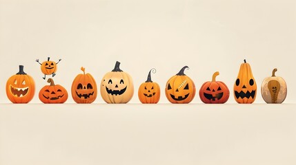 Assorted Carved Halloween Pumpkins in Various Shapes and Expressions on Beige Background