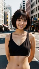 Fototapeta premium Photo Portrait of a Beautiful Asian Female in Top on a City Background