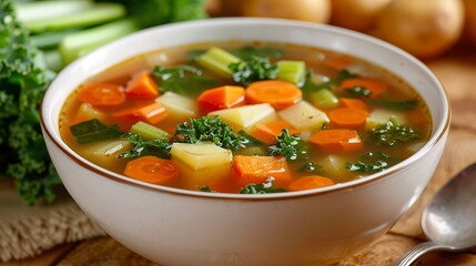 Hearty vegetable soup with carrots, celery, potatoes, and kale in a white bowl.