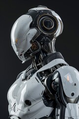 Centinela de asalta. Soldado robotico. Robot futurista de asistencia a la batalla. Guerrero metalico. Androide con fondo negro. Robot blanco minimalista