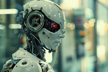 Robot de asistencia humana, prototipo de humanoide futurista con armadura de aluminio y pl&aacute;stico, droide centinela, robot aislado laboratorio 