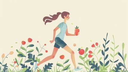 Health A minimalist character engaging in healthy habits like eating nutritious food and going for a run.