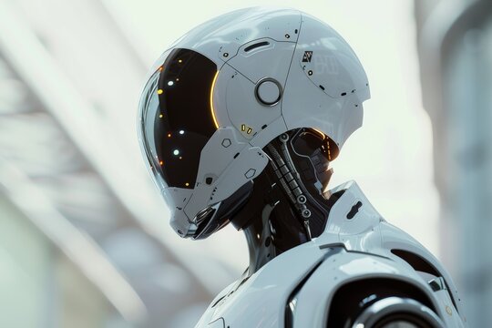Robot polic&iacute;a. Androide futurista metalico color blanco con pantalla VR. Centinela. Asistente robotico con inteligencia artificial