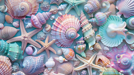 abstract background of pastel colored starfish and seashells