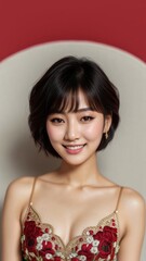 Photo Portrait of a Beautiful Asian Female in Embroidered Bodysuit